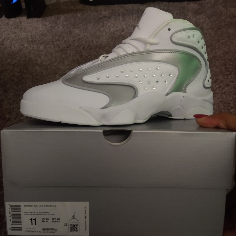 Official Women's Air Jordan OG  Size 11, custom designed, silver/White